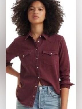 LEVI’S Western Pearl Snap Long Sleeve Burgundy Shirt Size M 100% Cotton